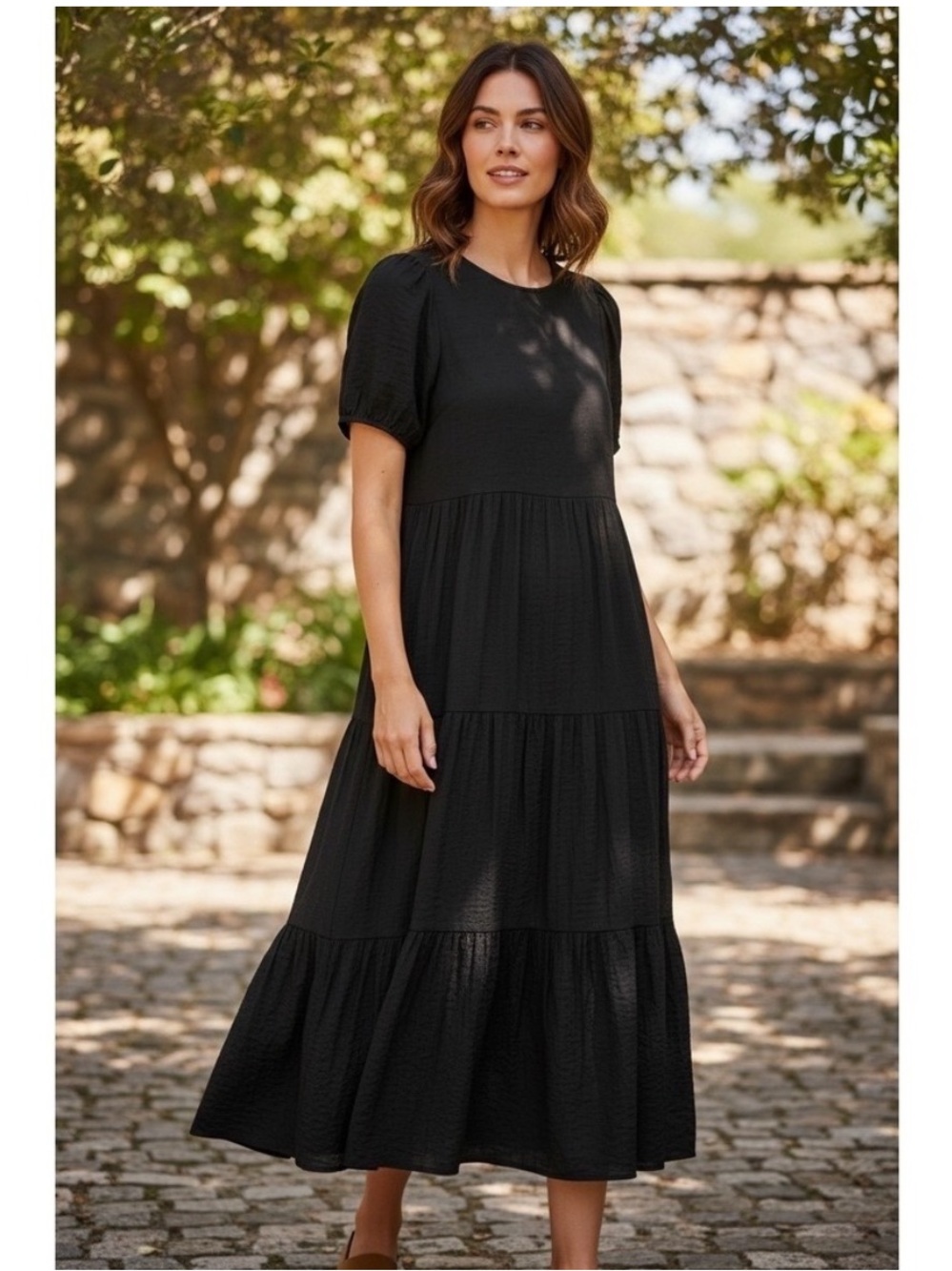 Mister Zimi Black Tiered Short-Sleeve Midi Dress